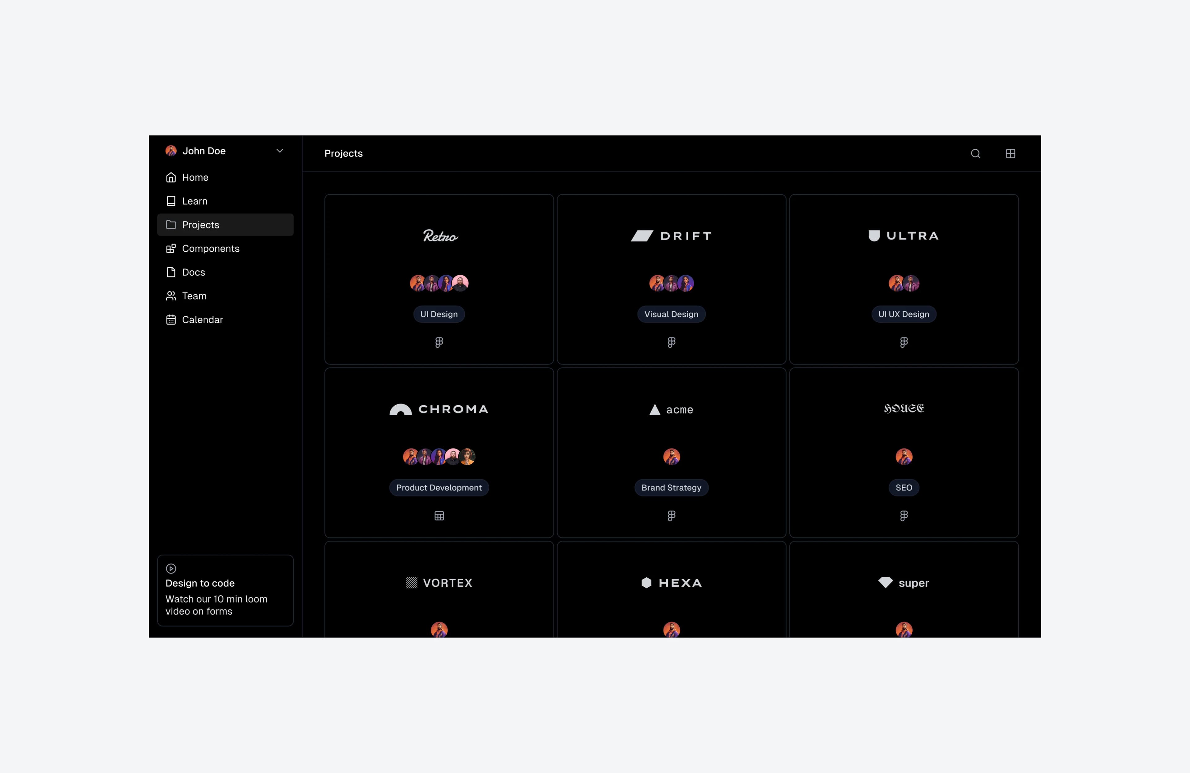 Clients app ui design dark